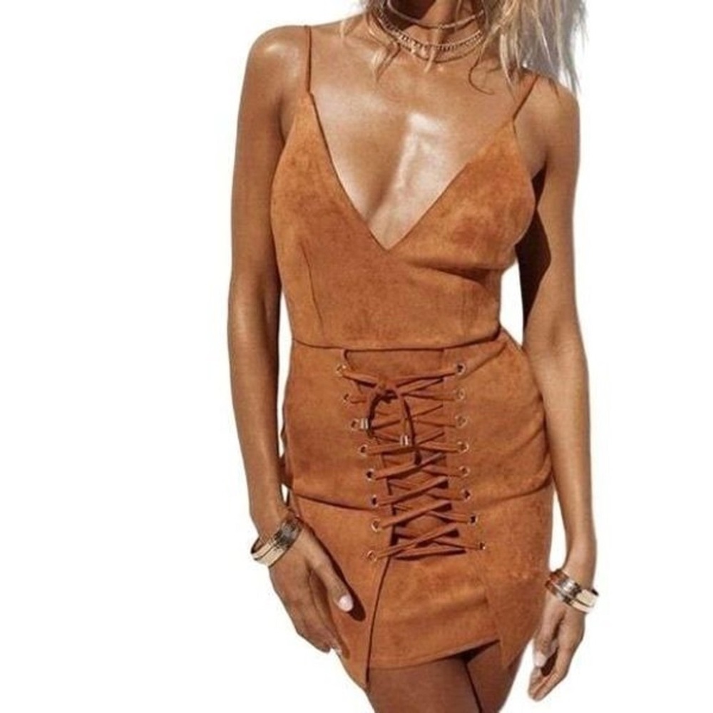 Sabo Skirt burnt orange/brownish suede-feel mini dress with tie front, XS